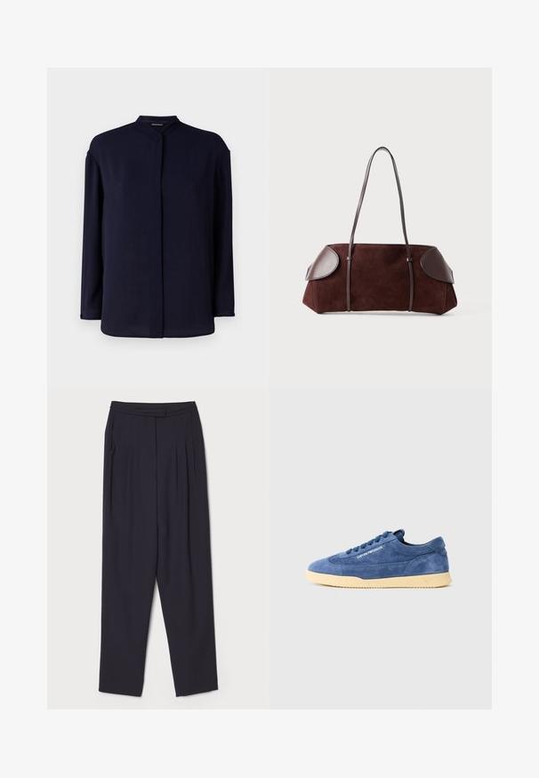Tamsiai mėlyna ilgomis rankovėmis bluzonė su mandarinio tipo apykakle, pasižyminti tekstūriniu audiniu ir tiesia siluetu, užtikrinančiu laisvą prisitaikymą.; Tamsiai mėlynos kelnės, pagamintos iš minkštos medžiagos, su pūtimis ir tiesiomis kojomis, standartiniu juosmeniu bei šoniniais kišenėmis.; Mėlynos zomšinės žemos sportbačiai su kreminiu padu, raišteliais ir šone esaniu „EMPORIO ARMANI“ logotipu, nufotografuoti ant balto fono.; Rudas zomšos maišas su odiniais akcentais, struktūrinė forma, dvi pečių rankenos ir apskriti kampai, pasižymintis lygiu paviršiumi ir minimaliais aksesuarais.