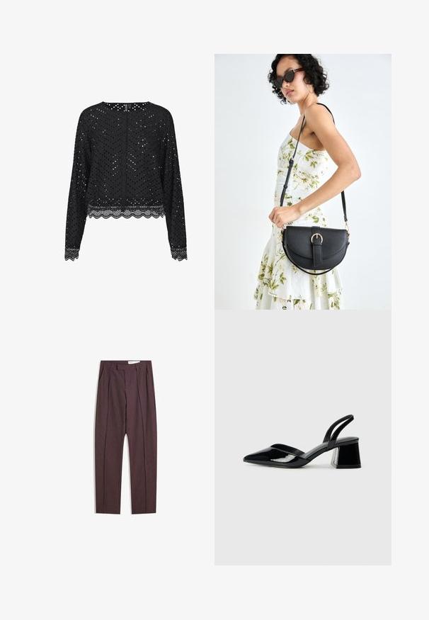 Fekete, hosszú ujjú blúz perforált cikkcakk mintával és fodros csipke díszítéssel. Hátul gombos záródással rendelkezik. Könnyű anyag.; Lila csíkos nadrág pliszírozott részletekkel, magas derékkal és egyenes szárú fazonnal. Simább, textúrált anyagból készült.; Fekete lakk bőr szandálkés magas sarkú cipő, hegyes orral és geometrikus tömbsarkakkal. Karcsú, minimalista dizájn és sima textúra jellemzi.; Fekete bőrtáska ívelt formával, levehető pánttal és arany színű fémrészekkel. A táskán egy csattal díszített fedél található.