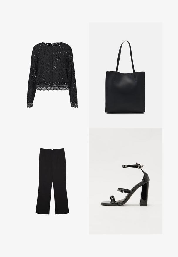 Musta pitkähihaisessa paidassa on reikänauhamäinen sahalaitakuvio ja nyörireunus. Takana on nappikiinnitys. Kevyt kangas.; Mustat housut suoralinjaisella leikkauksella, joissa on etutaskut ja sivurei'ät helman alla. Valmistettu pehmeästä ja sileästä kankaasta. Sopii eri tilaisuuksiin.; Musta kiiltävä korkokenkä sandaalit neliönmuotoisella varpaalla, nilkkaremmillä ja hopeisilla soljilla. Varustettu tukevalla lohkokorkealla vakauden takaamiseksi.; Mustapahkainen kangaskassi, jossa on sileä pinta, suorakaiteen muotoinen ja kaksi pitkää kahvaa. Ei näkyvää metalliosaa tai koristeita.