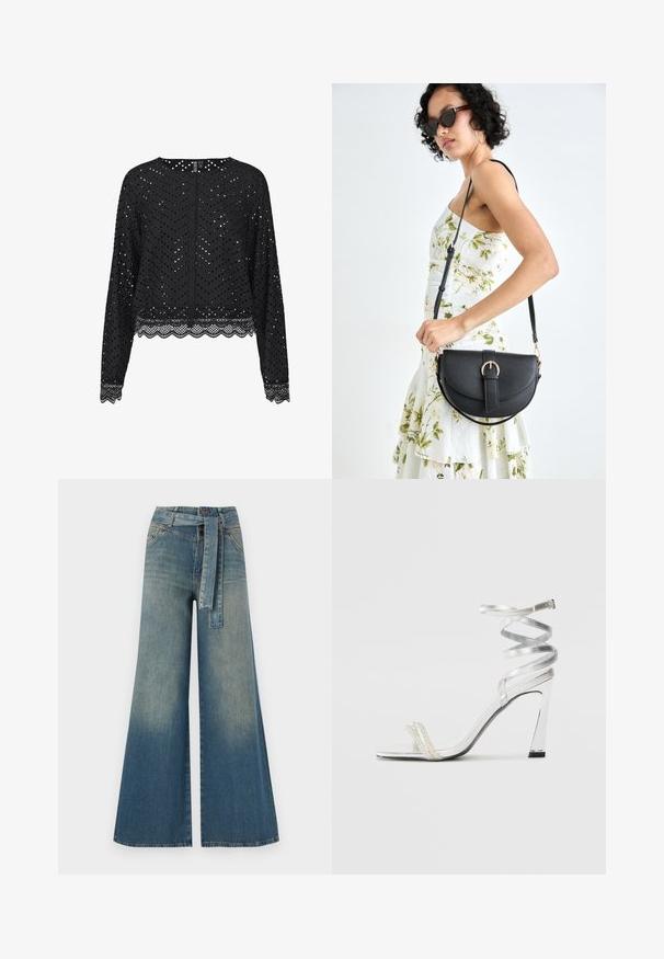 Juoda ilgo rankovės bluzon su perforuotu zigzaginiu raštu ir banguotu nėriniu. Su mygtukų užsegimu gale. Lengvas audinys.; Platus džinsinis kelnes su šviesiai tamsiai mėlynu gradientu, aukštu juosmeniu, diržo kilpomis ir atitinkančiu audinio diržu. Textūruotas džinsinis paviršius.; Sidabrinė aukšto kulno sandalai su blizgiu diržo dizainu, featuring perlo panašus akcentas ir spiralinė kulkšnies dirželis saugiam prisitaikymui.; Juodas odinis krepšys su išlenkta forma, nuimamu dirželiu ir auksiniais detalėmis. Krepšys turi kilpą su sagtimi.