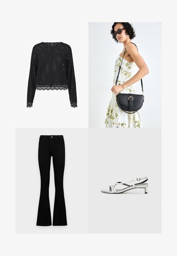 Blusa preta de manga comprida com um padrão zig-zag perfurado e acabamento de renda em onda. Apresenta um fecho de botão nas costas. Tecido leve.; Jeans pretos de cintura alta com fecho de botão e zíper, bolsos frontais e pernas largas dispostos em cima de um fundo branco.; Sandália slingback metálica prateada com um salto baixo, apresentando tiras entrelaçadas e uma textura suave. Design minimalista.; Bolsa de couro preta com forma curva, alça destacável e detalhes em dourado. A bolsa possui uma aba com detalhe de fivela.