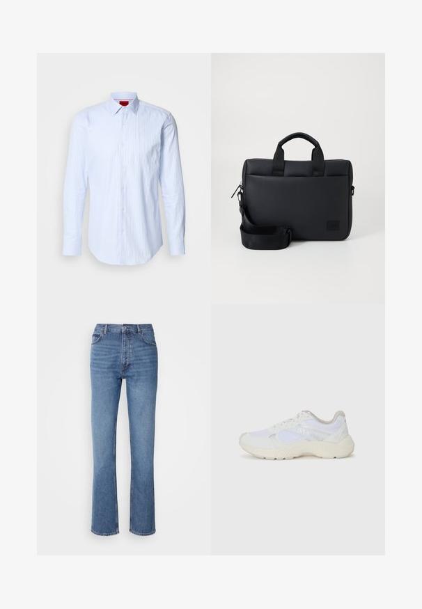 Camicia a righe blu chiaro con maniche lunghe, colletto, bottoni frontali e polsini abbottonati. Realizzata in tessuto liscio con una leggera lucentezza.; Jeans in denim blu con vita alta, design a gamba dritta e leggera sbiaditura. Presentano il classico stile a cinque tasche e chiusura con zip.; Scarpe da ginnastica bianche in mesh e suede, con una suola intermedia testurizzata, dettagli testurizzati e il logo "HUGO" sul lato.; Borsa per laptop nera con texture, dotata di doppie maniglie superiori, tracolla staccabile, chiusura con zip e un piccolo patch logo per il branding.