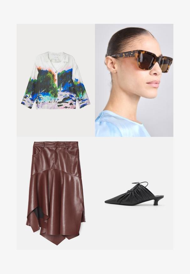 Rövid ujjú ing, fehér anyagból, élénk, absztrakt tájátménnyel zöld, kék és rózsaszín árnyalatokban; gombos elülső része.; Barna műbőr szoknya, fláreléssel és aszimmetrikus görbével, két elülső zsebbel és sima, fényes textúrával.; Fekete bőr slip-on mules, hegyes orral, gyűrött textúrával és kis kitten sarokkal. Az nyílásnál húzózsinór részlet található.; Tortakártyás napszemüveg vastag, téglalap alakú kerettel. Sötét lencsék és arany színű díszítések a szárakon. Simító, fényes felület.; Fehér, textúrált kistáska gyűrött dizájnnal, arany lánc pánttal. Simító felület finom hullámokkal és lekerekített élekkel.