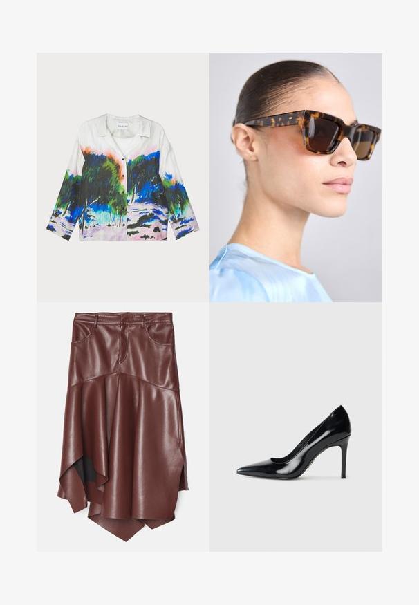 Srajca s kratkimi rokavi, ki ima belo tkanino z živahnim abstraktnim motivom pokrajine v zelenih, modrih in roza tonih; z gumbi spredaj.; Rjava umetno usnjena krila z razpršenim, asimetričnim robom, ki ima dve sprednji žep in gladko, sijočo teksturo.; Črne patentne usnjene visokotlačne čevlje s koničastim nosom in ozkim stiletto peto na enobarvni beli podlagi.; Soncezna očala iz torbice s masivnim pravokotnim okvirjem. Temni leči in zlate odtenke na templjih. Gladka, sijajna površina.
