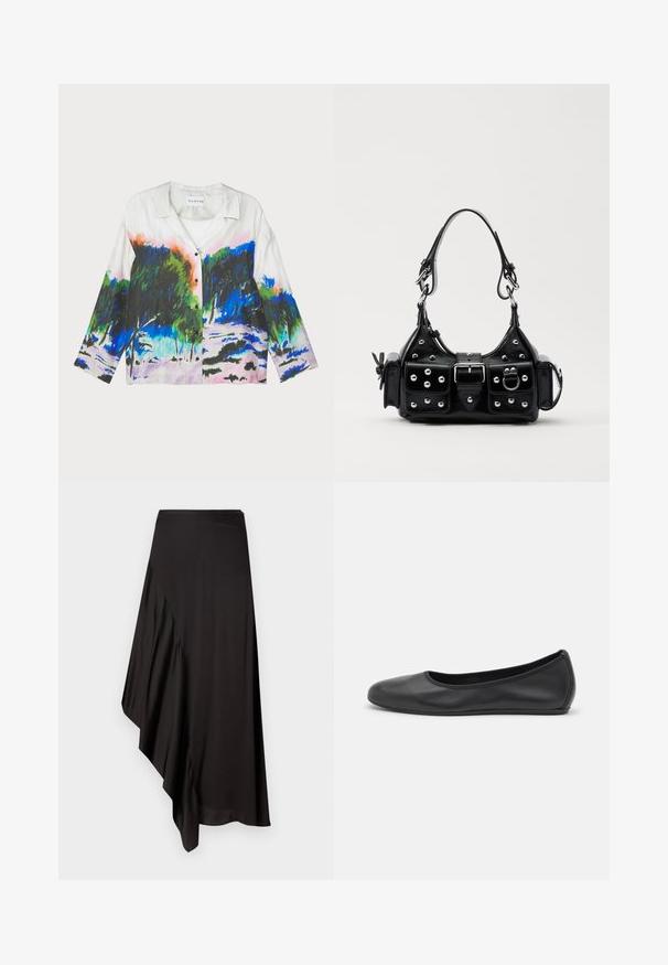 Īsām piedurknēm krekls ar baltu audumu, ko rotā dzīvīgs abstrakts ainavu prints zaļās, zilās un rozā krāsās; pogājama priekšpuse.; AERON ASTER SKIRT - Zīmuļsvārki - black; Melna ādas baleta kurpe ar noapaļotu purngalu, gludu tekstūru, minimālu šuvju detalizāciju un elastīgu zoles dizainu.; Melnas ādas rokturmais ar izliekumu, ar sudraba iedurtiem, sprādzi un divām sānu kabatām. Regulējams siksniņas garums dažādām nēsāšanas iespējām.