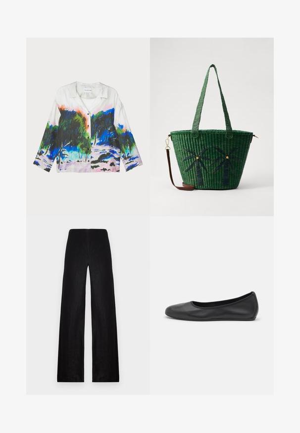 Košulja kratkih rukava s bijelom tkaninom i živopisnim apstraktnim pejzažnim uzorkom u zelenim, plavim i ružičastim nijansama; prednji završetak na gumbe.; Crne široke hlače od lagane tkanine. Imaju visoki struk, glatku teksturu i čiste linije bez džepova ili ukrasa.; Crne kožne baletanke s zaobljenim vrhom, glatke teksture, minimalnim detaljima šavova i fleksibilnim dizajnom potplata.; Zelena tkanjena torba za kupovinu s dizajnom palminog drveta u tamnije zelenoj boji; sadrži dvije ručke i odvojivu smeđu kožnu traku.