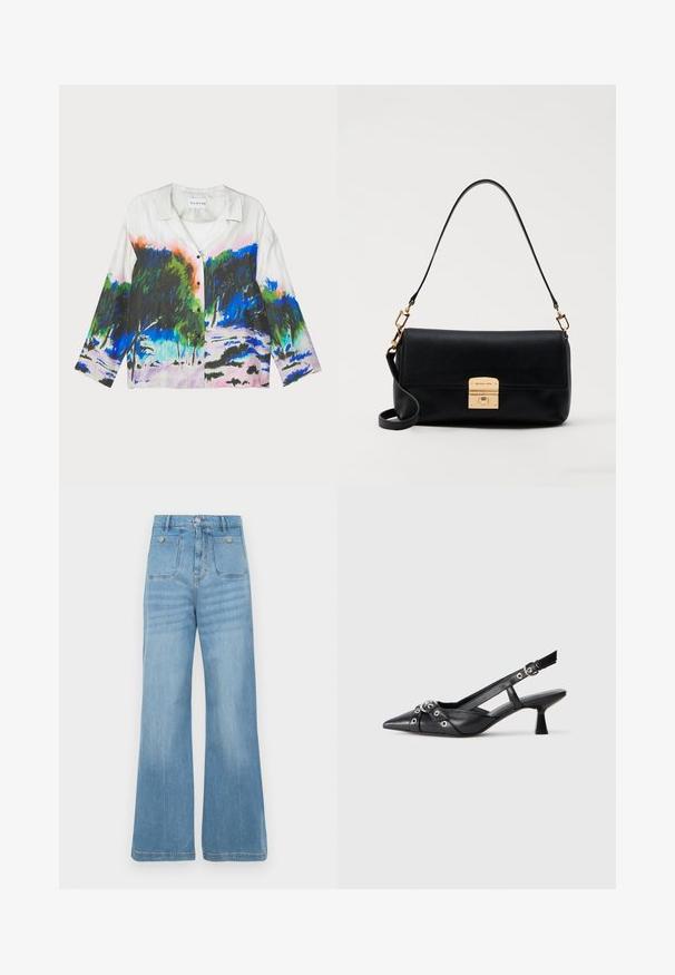 Short-sleeve shirt featuring a white fabric with a vibrant abstract landscape print in greens, blues, and pinks; button-up front.; Light blue denim jeans with a wide-leg design, featuring two front pockets and two back pockets, finished with a raw hem and button closure.; Black leather slingback shoe with a pointed toe, decorative straps featuring metal eyelets, and a low block heel. Textured surface.; Black leather handbag with a flat rectangular shape, gold hardware, and a top handle. Features a clasp closure and signature logo detail.