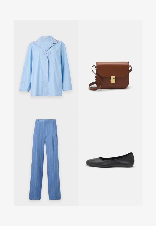 Svijetloplava košulja dugih rukava s dugim rukavima, s crvenim kontrastnim šavovima i džepom na prsima. Mekana tkanina s ležernim krojem.; Bijela majica s kratkim rukavima izrađena od rebraste tkanine. Okrugli izrez, klasičan kroj i suptilni detalji šivanja. Bez uzoraka ili grafika.; Svijetloplave široke hlače s vertikalnim bijelim prugama. Napravljene su od glatkog materijala, s prednjim oštrim naborom i čistim dizajnom struka.; Crne kožne baletanke s zaobljenim vrhom, glatke teksture, minimalnim detaljima šavova i fleksibilnim dizajnom potplata.; Smeđa kožna torba s preklopom, zlatnim detaljima, remenom za nošenje preko ramena i glatkom teksturom. Kompaktni pravokutni oblik.