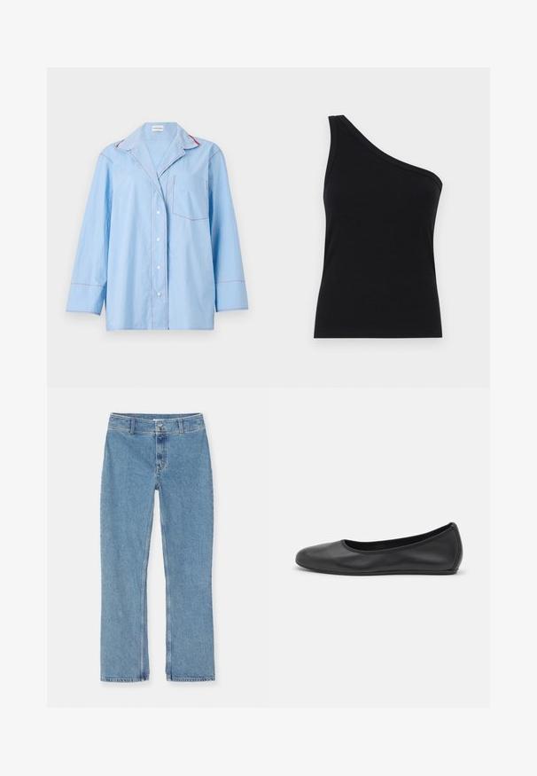 Camicia azzurra chiara con bottoni, maniche lunghe, con cuciture a contrasto rosse e una tasca sul petto. Tessuto morbido con una vestibilità rilassata.; Canotta nera a costine con spalla scoperta, dal design aderente e texture morbida. Presenta un taglio pulito e minimal e un collare liscio.; Jeans in denim blu chiaro con gamba dritta, chiusura con bottone e zip, passanti per cintura e cuciture standard su sfondo bianco.; Pantofole da balletto nere in pelle con punta arrotondata, texture liscia, dettagli di cucitura minimi e design con suola flessibile.