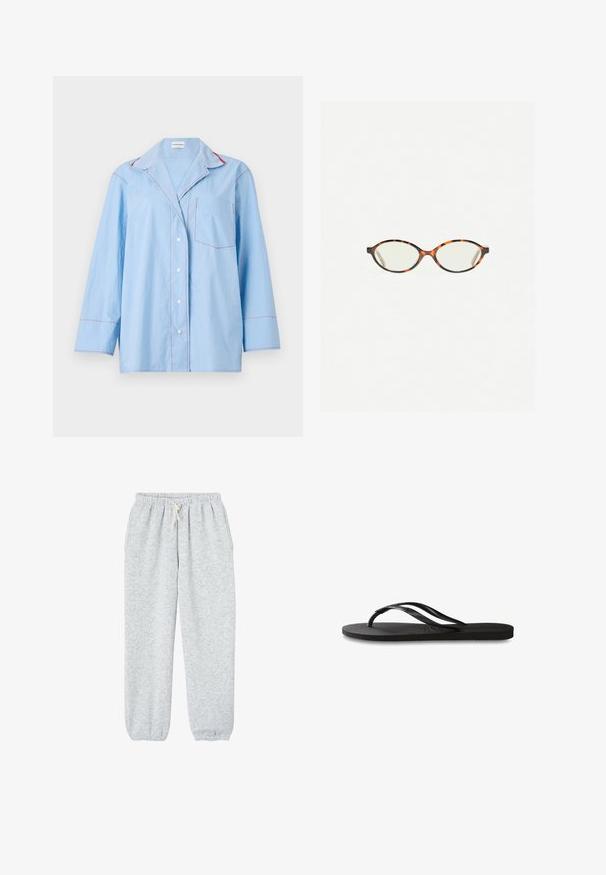 Lyseblå skjorte med knapper og lange ærmer, præget af rød kontrastsyning og en brystlomme. Blødt stof med en afslappet pasform.; Grå sweatpants lavet af blødt stof, med en elastisk talje med snor og elastiske manchetter ved anklerne.; Sorte flip-flop med en tekstureret gummisål, to slanke stropper og et subtilt, præget logodetalje på stroppen.; Skildpaddebriller med ovale linser og en elegant, glat finish. Har tynde sider med en subtil kurve ved tindingerne. Klare linser.