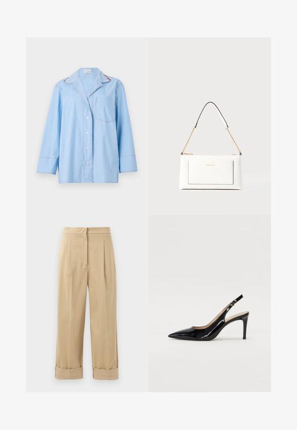 Svijetloplava košulja dugih rukava s dugim rukavima, s crvenim kontrastnim šavovima i džepom na prsima. Mekana tkanina s ležernim krojem.; Bež hlače širokih nogavica s dva prednja nabora, zavijenim rubovima i glatkom teksturom. Napravljene od laganog materijala, nude opuštenu siluetu.; Crne lakirane slingback cipele s oštrim vrhom, uskim potpeticama i suptilnim izrezom. Sadrže zlatnu kopču na traku.; Bijela kožna torba s teksturiranim završetkom, koja ima zlatni lančić i crne akcentne detalje. Uključuje prednji džep i zatvaranje na patentni zatvarač.
