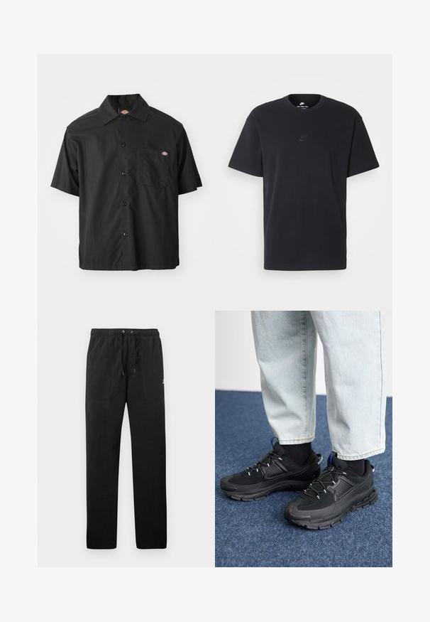 Juodas trumpas rankovėmis mygtukų marškinėliai, pagaminti iš medvilnės, su vienu krūtine kišeniu ir logotipo pleistru. Lygus paviršius ir laisvas siluetas.; Juodas medvilninis Nike marškinėliai su klasikinėmis apykaklėmis, trumpomis rankovėmis ir subtiliu, įspaustu logotipu ant krūtinės. Sklandus tekstūra.; Juodos vilnonės kelnės su elastiniu juosmeniu ir raišteliais, dviem priekinėmis kišenėmis ir maža slogo ant šlaunies.; Juodi sportiniai bateliai su tekstūruota medžiaga ir guminiais padais, su elastingomis raišteliais ir mėlynu akcentu ant kulno. Dėvimi su šviesiai mėlynomis džinsinėmis kelnėmis.