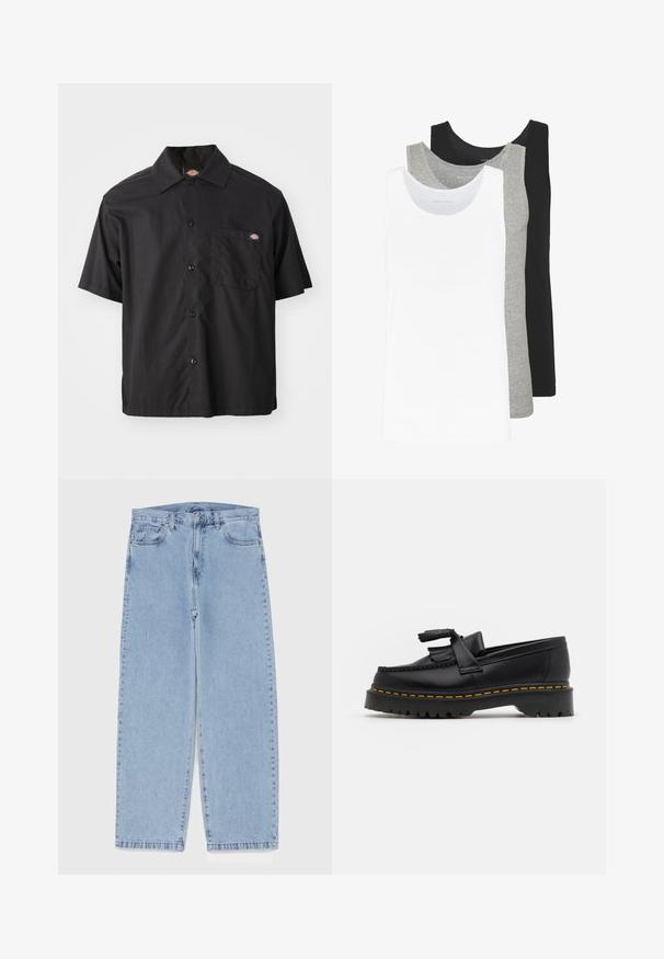 Camisa preta de manga curta com botão, feita de algodão, apresentando um único bolso no peito e um patch de logotipo. Textura suave e ajuste relaxado.; Três t-shirts sem mangas em branco, cinza e preto. Cada uma apresenta um design clássico sem mangas, feita de um tecido de algodão leve com uma textura canelada.; Jeans de denim azul claro com design de perna reta, apresentando uma cintura de altura média, cinco bolsos e um fecho de botão e zíper.; Mocassim de couro preto com um detalhe de franjas, apresentando uma sola preta robusta e costura amarela ao longo da borda. Acabamento texturizado.