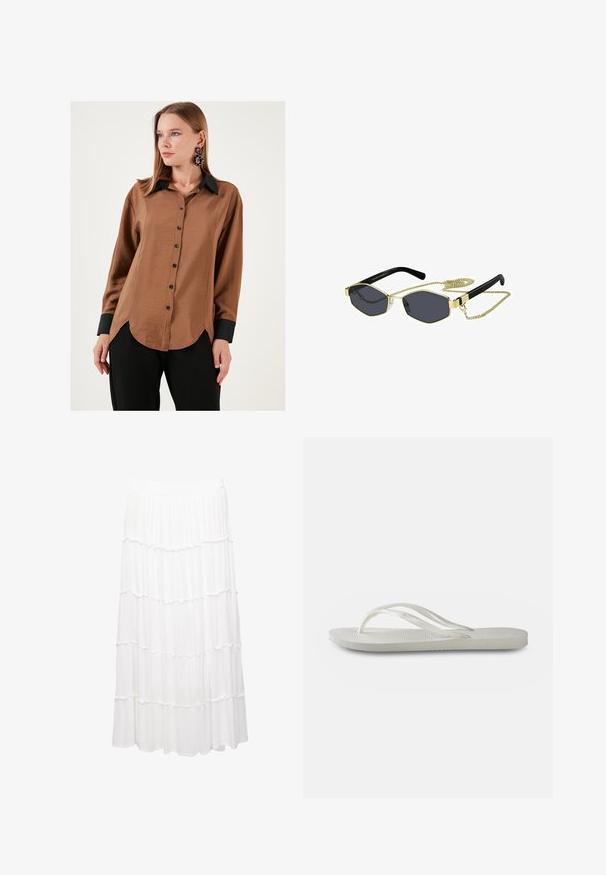 Brun satin skjorte med knapper og sort krave og cuffs, med en buet kant og sorte knapper, båret med sorte bukser.; Hvid lagdelt nederdel lavet af let stof, med en strækbar talje, voluminøse lag og et svævende design, der går til midt på læggen.; Hvide flip-flops med en tekstureret sål, der har tynde stropper og et fladt design. Lavet af gummi med et subtilt logo på indersiden.; Oktagonale solbriller med mørke linser, guld metal accenter og sorte plastarme; inkluderer en aftagelig guld kæde.