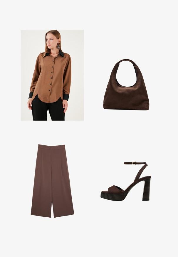 Hnedá saténová košeľa na gombíky s čiernym golierom a manžetami, s krátkym lemom a čiernymi gombíkmi, nosená s čiernymi nohavicami.; Hnedé nohavice so širokými nohavicami a hladkou textúrou, s vysokým pásom a prednými skladmi. Tkanina je ľahká a voľne sa pohybuje.; Hnedé semišové sandále na vysokom podpätku s otvorenou špičkou, nastaviteľným členkovým remienkom a pruhovanou platformovou podrážkou.; Svetlohnedá kabelka v štýle hobo s jedným širokým popruhom a zakriveným otváraním na vrchu, vystavená na bielom pozadí.