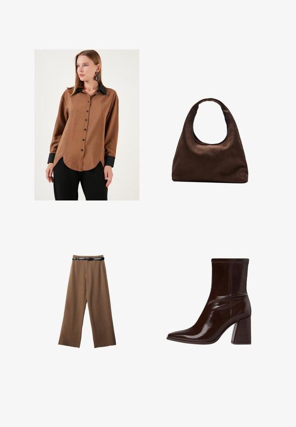 Bruine satijnen overhemd met zwarte kraag en manchetten, voorzien van een gebogen zoom en zwarte knopen, gedragen met zwarte broek.; Bruine wijde broek met een gladde textuur, voorzien van een zwarte riem, twee zijzakken en een modellering.; Bruine verlichte leren enkellaars met een spitse neus, elastische enkel en een stevige blokhak. Strak ontwerp met een gladde textuur.; Zachte bruine hobo-stijl handtas met een enkele brede schouderband en een gebogen opening aan de bovenkant, weergegeven op een witte achtergrond.
