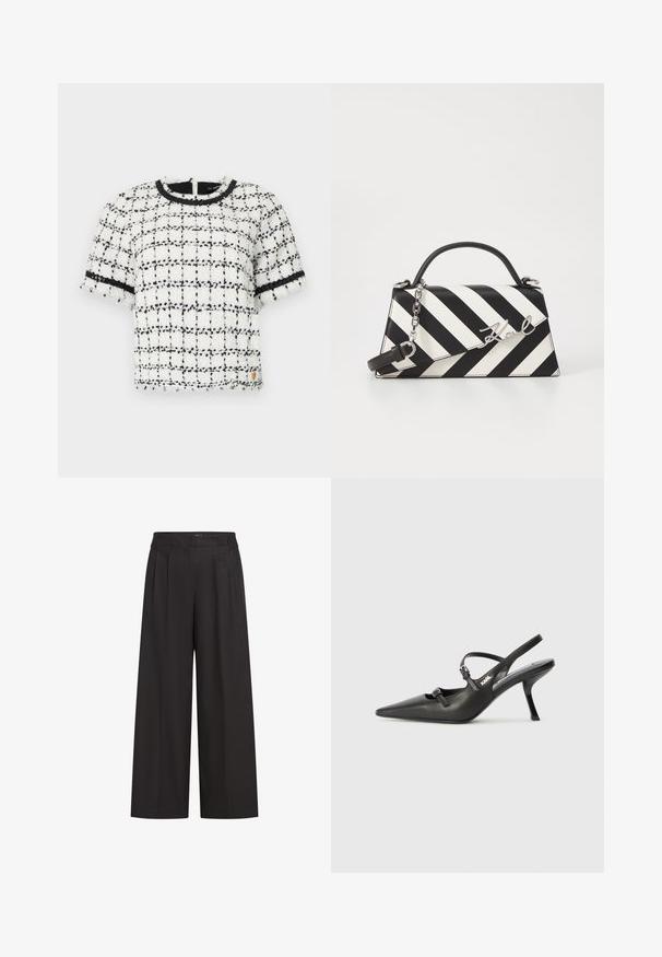 Valge ja must ruuduline lühikeste varrukatega topp, millel on tekstureeritud kangas, ümmargune kaelus ja must ääris varrukate ning kaela ümber.; Mustad laiade jalgadega püksid kõrge taljetasemega, ees on plekid ja sileda tekstuuriga. Valmistatud kergest kangast.; Must musta slingback kontsad, terava nina, peenike konts ja dekoratiivne pandla detail peal. Sile tekstuur ja stiilne disain.; Mustriga musta ja valgega käekott, millel on struktureeritud kuju, pehme käepide, eemaldatav ahelriba ja metallist logo aktsent.