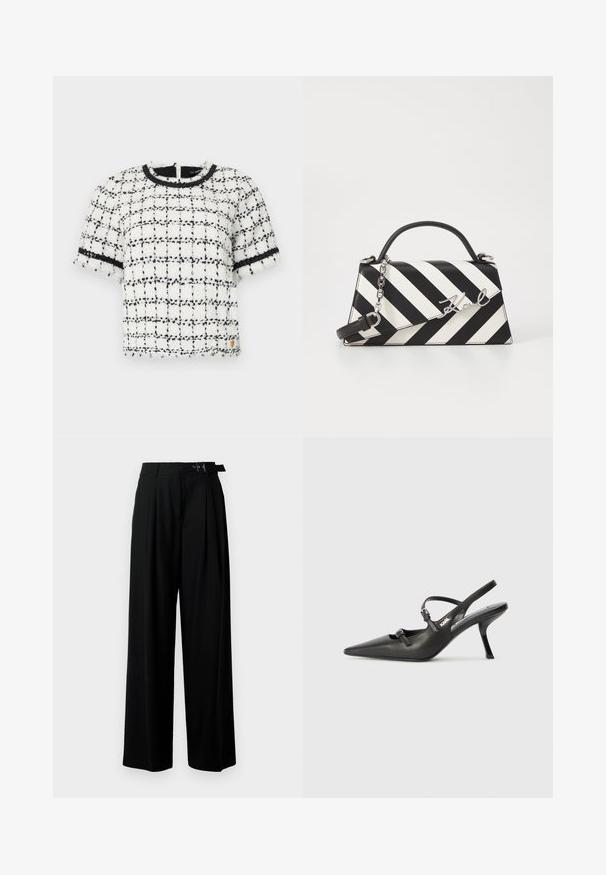 Weißes und schwarzes karierte Kurzarmoberteil aus strukturiertem Stoff, mit rundem Ausschnitt und schwarzem Saum an den Ärmeln und am Kragen.; Schwarze weit geschnittene Hosen mit hoher Taille, Falten an der Vorderseite und einem Gürtel mit Schnalle. Hergestellt aus glattem, leichtem Stoff.; Schwarzlederne Slingback-Absätze mit spitzer Zehenform, schlankem Absatz und dekorativem Schnallendetail auf dem Blatt. Glatte Textur und elegantes Design.; Schwarz-weiße gestreifte Handtasche mit strukturierter Form, ausgestattet mit einem oberen Griff, einem abnehmbaren Kettenriemen und einem metallischen Logo-Detail.