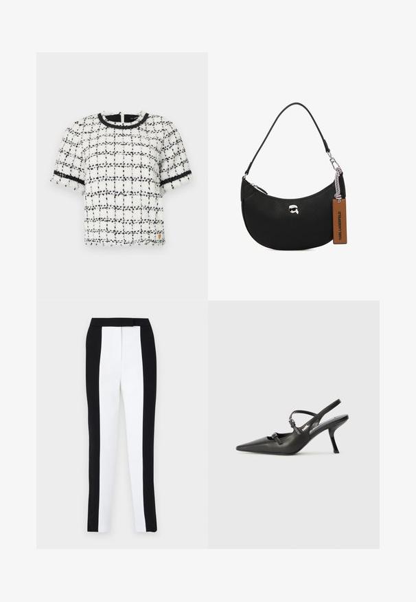 Kratki bluzon s kratkim rukavima u bijeloj i crnoj kockastoj šari, s teksturiranim materijalom, okruglim izrezom i crnim obrubom duž rukava i ovratnika.; Crne i bijele tapered hlače s uskim krojem i kontrastnim panelima. Tkanina ima glatku teksturu; pojas je ravan i prilagođen.; Crne kožne štikle sa otvorenom petom, s uskim vrhom i dekorativnom kopčom na gornjem dijelu. Glatka tekstura i elegantan dizajn.; Crna kožna torba s teksturom od šljunka, zakrivljenog oblika, s gornjim zatvaranjem na zip, srebrnim detaljima i smešnim oznakom. Sadrži akcenat logotipa.
