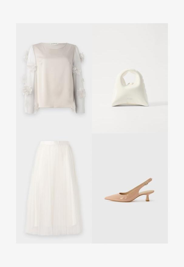 Bežna bluzica z gladkim telom iz blaga in prosojnimi rokavi, okrašenimi z cvetličnimi detajli, ki imajo večplastne cvetne obrobe ob robovih.; Bela tila midi krila z mehko teksturo in nabranim pasom, s plastičenimi naborki, ki ustvarjajo tekoč dizajn.; Patentirane slingback čevlje v svetlo roza barvi, z ostrim nosom, nizko blok peto in nastavljivim trakom s podrobnostmi v obliki krožne zaponke.; Bela torbica z teksturiranim, ukrivljenim dizajnom. Ima izrazito ročico in zaobljen dno, z gladko površino in minimalno opremo.
