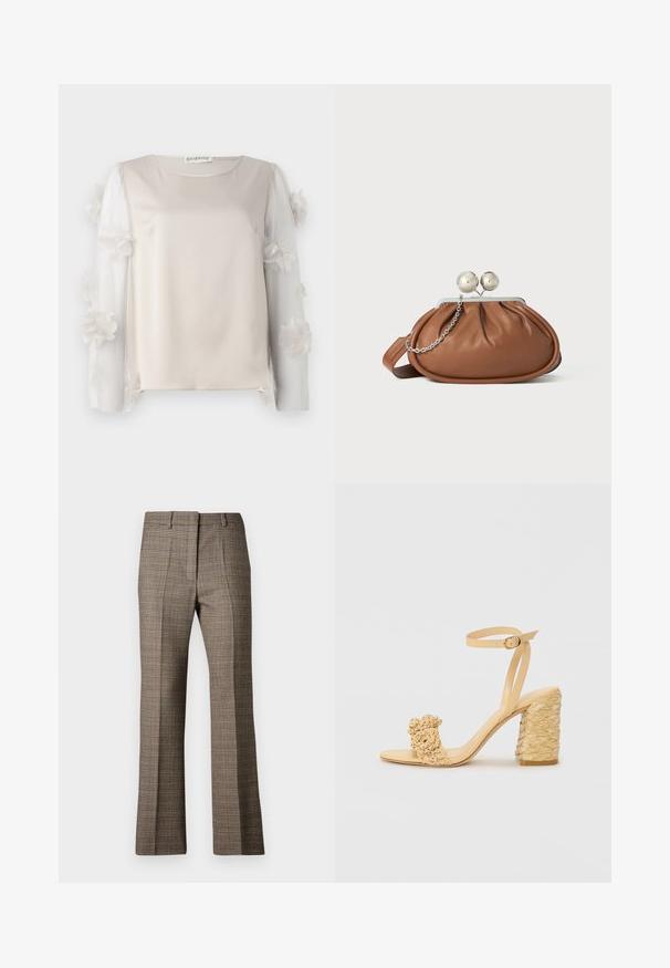 Top beige con un corpo in tessuto liscio e maniche trasparenti adornate da fiori, con dettagli a strati lungo i bordi.; Pantaloni a quadri marroni con taglio dritto, caratterizzati da un tessuto testurizzato e da sfumature sottili di beige e marroni scuri in tutto il motivo.; Sandalo beige con tacco alto e texture intrecciata, dotato di un fiore decorativo e di una cinghia alla caviglia. Il tacco quadrato offre stabilità.; Pochette in pelle marrone con chiusura a sfera argentata e un piccolo dettaglio a catena argento su sfondo bianco.