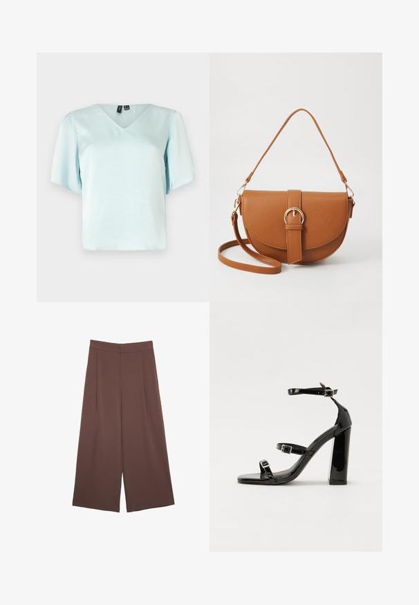 Svetlomodrá blúzka s výstrihom do V a krátkymi puff rukávmi, vyrobená z hladkého materiálu, so voľným strihom a bez viditeľných vzorov či zdobení.; Hnedé nohavice so širokými nohavicami a hladkou textúrou, s vysokým pásom a prednými skladmi. Tkanina je ľahká a voľne sa pohybuje.; Čierne lakované sandále na podpätku so štvorcovou špičkou, navlečenými remienkami okolo členku a striebornými prackami. Disponujú masívnym blokovým podpätkom pre stabilitu.; Hnedá kožená kabelka cez telo s zakriveným tvarom, zlatými kovovými doplnkami a akcentom s prackou. Obsahuje odnímateľný ramenný popruh.