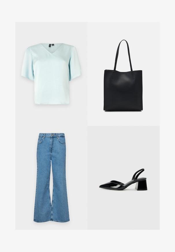 Hele sinine V-kaelusega pluus lühikeste puffvarrukatega, valmistatud siledast kangast, millel on lõdvestatud sobivus ning ilma nähtavate mustrite või kaunistusteta.; Heledad sinine flared teksade rõivad, millel on kõrge talje, viis taskut ja üks nupulukk. Pehme tekstuur ja pleekinud viimistlus.; Mustad musta lakknahk kingad, millel on terav varvas ja geomeetriline plokkkonts. Omab elegantselt minimalistlikku disaini ja sujuvat tekstuuri.; Mustast nahast kott sujuva tekstuuriga, ristkülikukujuline ja kahe pika sangaga. Pole nähtavat riistvara ega kaunistusi.