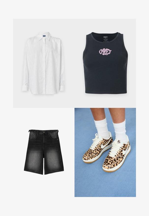 Weißes Button-Down-Hemd mit einem subtilen logoähnlichen Muster, langen Ärmeln und einem klassischen Kragen. Hergestellt aus glattem, leichtem Material.; Schwarzes, geripptes Crop-Top aus Baumwolle mit Rundhalsausschnitt und einem pinkfarbenen, gestickten "OBEY"-Logo über der Brust.; Schwarze Denim-Shorts mit ausgebleichtem Finish, fünf Taschen, einem Knopfverschluss und Gürtelschlaufen. Der Stoff hat eine glatte Textur.; Nike Air Force 1 Sneakers im Leopardenmuster mit weißen Schnürsenkeln und Swoosh, ausgestattet mit einer beige Gummisohle und einer strukturierten Oberseite. Weiße Crew-Socken sichtbar.