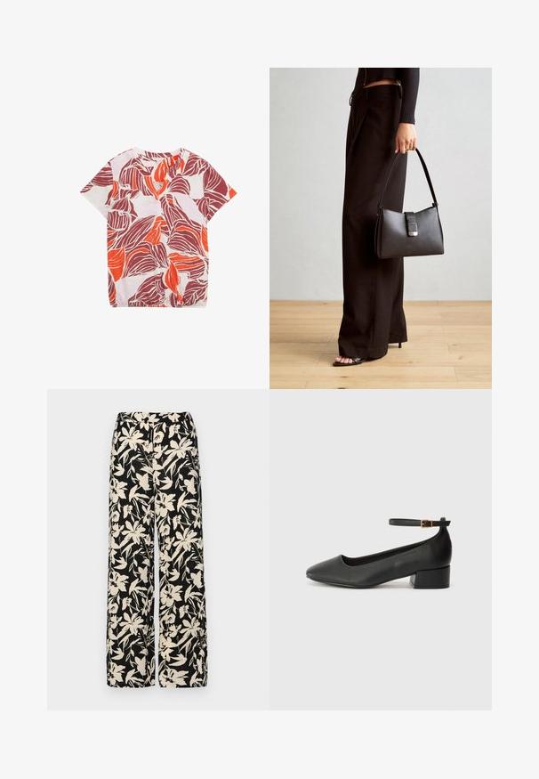 Lühikeste varrukatega bluus heas kerges kangas, millel on lilleline muster punases, oranžis ja lillakas toonis. V-kaelus kergete voltidega.; Must mustriga lühikeste varrukatega tipp, valmistatud siledast materjalist, millel on peplum-disain ja vöödiga talje, millel on kaks ümmargust, hõbedase tooni nuppu.; Mustad laiad püksid kreemja lillemustriga. Valmistatud kergest kangast, millel on sile tekstuur ja kõrge vöökoht.; Must mustaapp, millel on terav nina ja madal blokk-kand. Omab pahkluu rihma koos kuldse tooni pandlaga. Sile tekstuur.; Must musta kott, millel on struktureeritud kuju, sile tekstuur ja metallist klamber. Kombineeritud laiate mustade pükstega ja avatud varvaste sandaalidega puidust põrandal.