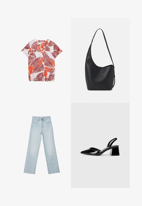 Short-sleeve blouse in light fabric featuring a floral pattern in red, orange, and purple. V-neckline with subtle pleats.; Light blue wide-leg jeans made of denim. Features five pockets, a button fly, and faded detailing. Classic straight cut with a loose fit.; Black patent leather slingback heels with a pointed toe and a geometric block heel. Features a sleek, minimal design and smooth texture.; Black leather hobo bag with a smooth texture, curved shape, and single adjustable strap; features a wide opening at the top.