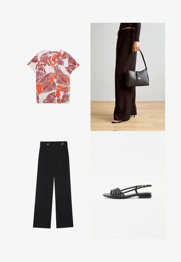 Kurzärmlige Bluse aus leichtem Stoff mit floralem Muster in Rot, Orange und Lila. V-Ausschnitt mit dezenten Falten.; Schwarze weite Hosen mit hoher Taille, Knopfdetails am Bund und vorderen Falten.; Schwarze flache Sandalen mit einem Riemen-Design, das mehrere Lederstraps und eine schmale Schnalle am Knöchel umfasst. Die Sohle ist flach und rechteckig.; Schwarze Handtasche mit strukturierter Form, glatter Textur und einem metallischen Verschluss. Kombiniert mit weiten schwarzen Hosen und offenen Sandalen auf einem Holzboden.