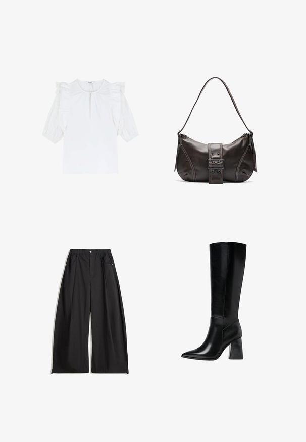 White blouse with short puff sleeves, featuring ruffled accents and a subtle keyhole neckline. Smooth fabric with a plain texture.; Black wide-leg pants with a high waistband, featuring pleats, a front button closure, and two side pockets. Made from fabric with a textured finish.; Knee-high black leather boots with a pointed toe, smooth texture, and a chunky ridged heel for stability. Sleek design with minimal accents.; Brown leather shoulder bag with a curved shape, featuring a prominent buckle detail, contrasting stitching, and a single shoulder strap.