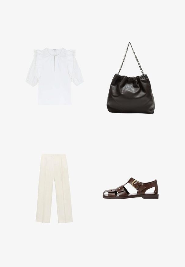 White blouse with short puff sleeves, featuring ruffled accents and a subtle keyhole neckline. Smooth fabric with a plain texture.; Wide-legged trousers in a light cream color. Made from a smooth fabric with pleats at the front and side pockets.; Brown leather sandal featuring a cutout design, adjustable side buckle, and flat sole, with metal accents and an open toe.; Brown leather bag with a gathered top and a chain strap. Smooth texture with a glossy finish and subtle seam detailing on the sides.