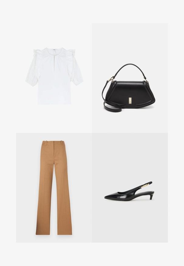Camicia bianca con maniche a sbuffo corte, caratterizzata da dettagli arricciati e un colletto a chiave discreto. Tessuto liscio con una texture semplice.; HUGO HULANA - Chino - open brown; Tacchi slingback in pelle nera con punta affusolata, caratterizzati da un tacco alto e un accento dorato sulla cinghia regolabile. Texture liscia.; Borsa a mano in pelle nera con un design strutturato, caratterizzata da una forma corta, manico superiore e accessori in metallo dorato. Inclusa tracolla regolabile.