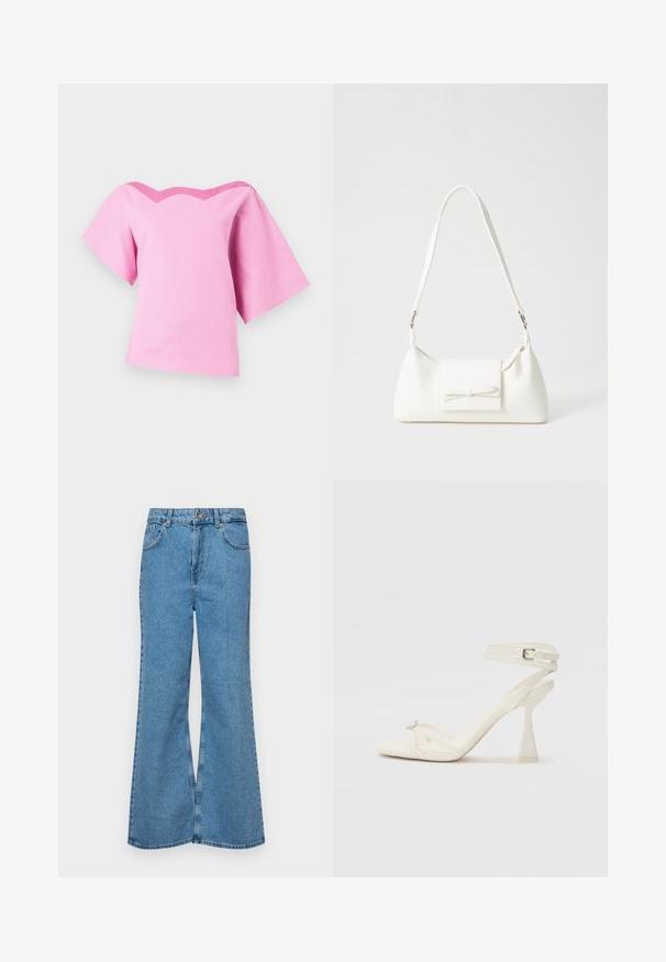 Rožinė trumpa rankovė viršutinė dalis su plačiu apykaklės kraštu, kuriame yra bangų formos raštas. Pagaminta iš lengvos medžiagos su lygiu paviršiumi.; Šviesiai mėlynos flared džinsai, pagaminti iš džinsinio audinio, su aukštu liemeniu, penkiomis kišenėmis ir vienu mygtuko užsegimu. Minkštas paviršius su išblukusiu efektu.; Baltos odinės aukštakulnės sandalai su dirželiais, elegantiško dizaino, skaidriu blokiniu kulnu ir dekoratyviu elementu ant piršto.; Balta sintetinė rankinė trikampio formos, plokščiu priekiu su užsegimu, kaspino detale, reguliuojama dirželiu, lygia tekstūra ir minimalistišku dizainu.