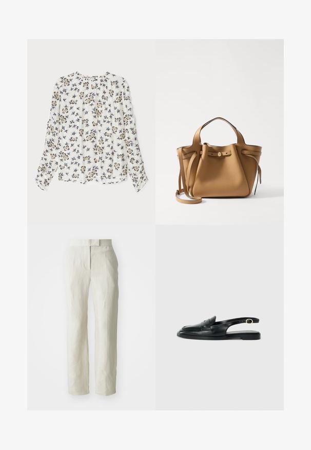 MUNTHE SEIMA - Blúz - ivory; Fehér len nadrág, szabott fazonnal, lapos elülső résszel és egyenes lábakkal. Simább textúrájú, enyhe gyűrődési részletekkel.; Fekete bőr szandál cipő, lekerekített orral, lapos talppal, oldalsó kivágással és aranyszínű díszítéssel ellátott pánttal.; Tory Burch ROMY PEBBLED SATCHEL - Kézitáska - tiramisu