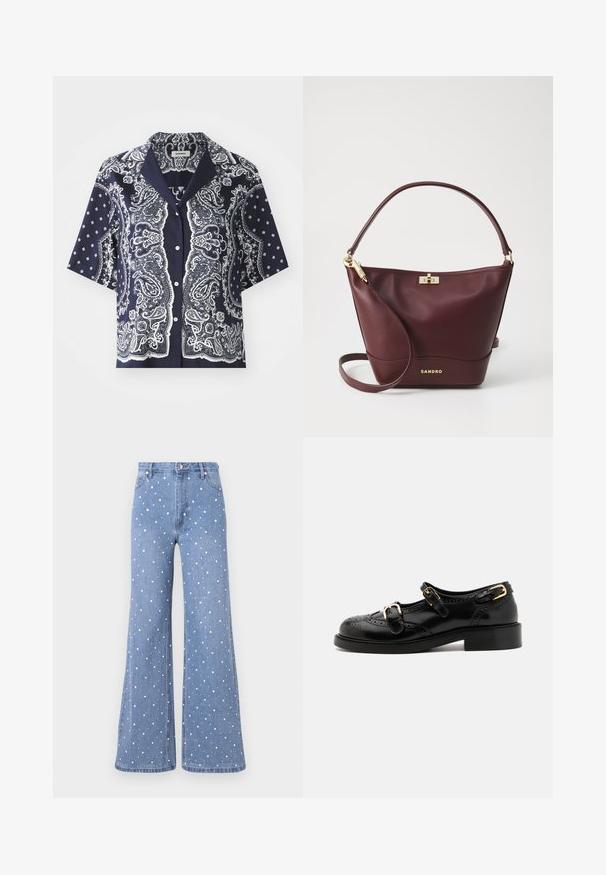 sandro RECOUPE - Blúzka so zapínaním na gombíky - bleu/blanc; Svetlomodré rozšírené džínsy s bodkovaným vzorom bielych a strieborných cvokov, so štandardným pásom a predným zapínaním na gombík.; Čierne kožené topánky s brogue detailami, vybavené dvoma prackami, zaoblenou špičkou a nízkym podpätkom. Hladká textúra s lesklým povrchom.; Burgundská kožená kabelka so štruktúrovaným tvarom, plochým dnom, okrúhlym držadlom a zlatými doplnkami vrátane spony a detailu loga.