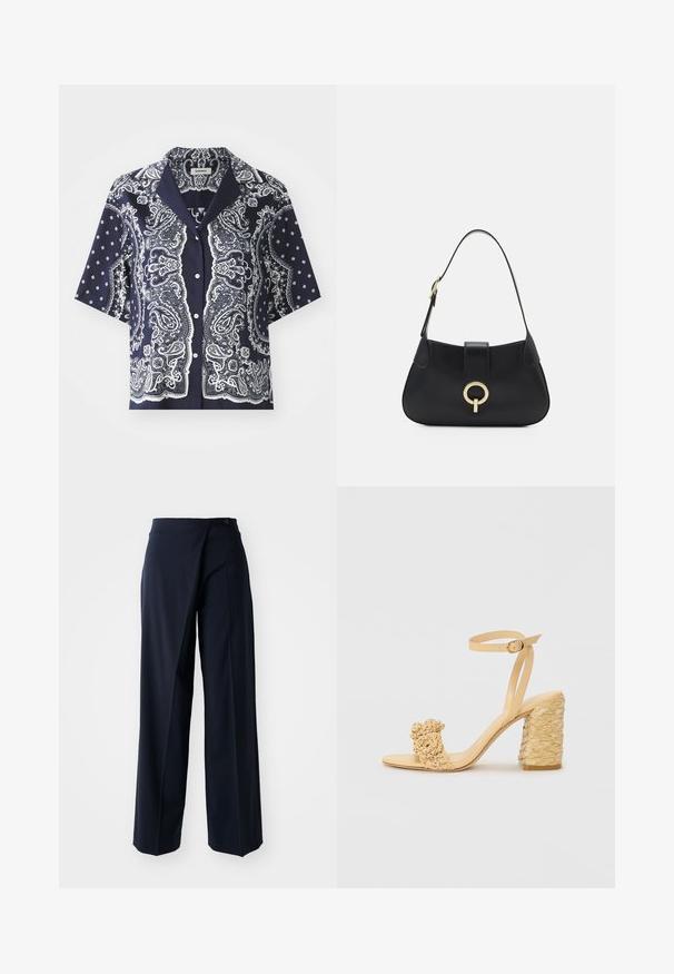 sandro RECOUPE - Chemisier - bleu/blanc; Pantalons larges bleu marine avec un design enroulé, en tissu lisse, taille haute et une fermeture à un bouton à l'avant.; Sandale à talons hauts beige avec une texture tressée, ornée d'une fleur décorative et d'une bride à la cheville. Le talon carré ajoute de la stabilité.; Sac à main en cuir noir avec une silhouette arrondie, une courte bandoulière, un matériel doré central et une texture lisse. Aucun motif ni accent visible.