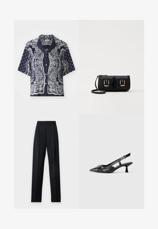 sandro RECOUPE - Gombos blúz - bleu/blanc; Fekete nadrág sima anyagból, magas derékkal, széles lábakkal, elülső redőkkel és klasszikus övhurkokkal. Oldalzsebek nem láthatók.; Fekete bőr slingback cipő hegyes orral, dekoratív pántokkal, fém szemekkel és alacsony blokk sarkú. Texturált felület.; Fekete bőr keresztbody táska két elülső zsebbel, arany csattokkal, cipzáras záródással és vékony pánttal. Textúrált felület és kompakt téglalap alak.