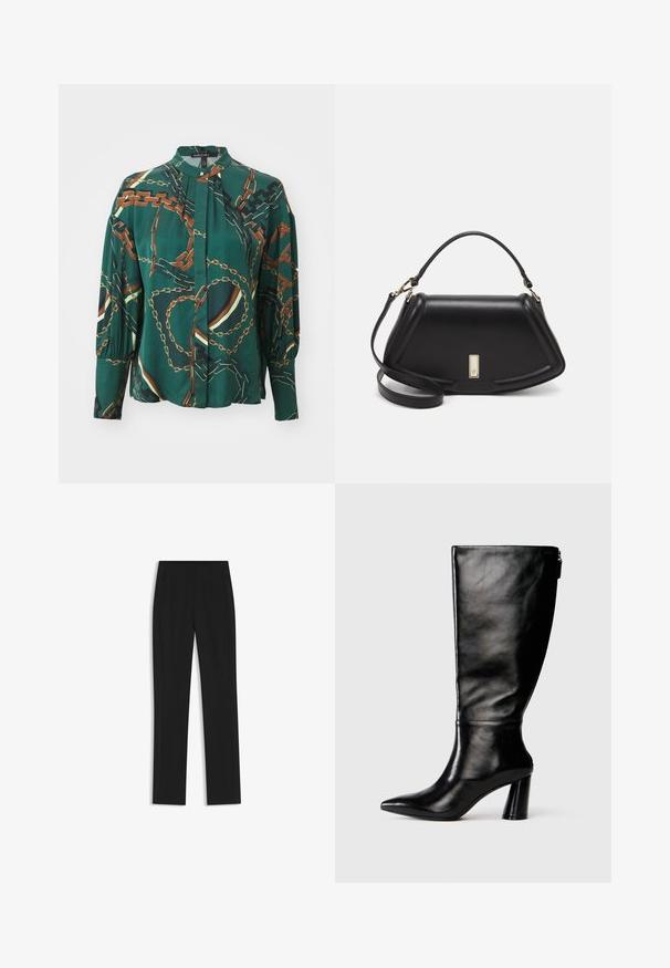 Blusa verde a maniche lunghe con motivo a catena in marrone e oro, caratterizzata da una chiusura con bottoni e maniche arricciate, realizzata in un tessuto morbido.; Pantaloni neri su misura con un design a gamba dritta, dotati di tasche frontali e un tessuto liscio e strutturato. Dettagli ordinati e minimalisti.; Stivale in pelle nera, alto fino al ginocchio, con punta affusolata, superficie liscia e tacco spesso. Presenta un dettaglio con zip sul retro.; Borsa a mano in pelle nera con un design strutturato, caratterizzata da una forma corta, manico superiore e accessori in metallo dorato. Inclusa tracolla regolabile.