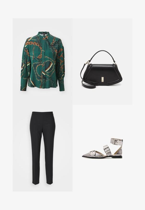 Vihreä pitkähihaisuus pusero, jossa on ruskea ja kultainen ketjumalli. Puserossa on napitettu etuosa ja poimutetut hihat, ja se on valmistettu sileästä kankaasta.; Mustat räätälöidyt housut, joissa on sileä pinta, kapea malli ja tasainen vyötärö. Ei näkyvää metalliosaa; saumat luovat virtaviivaista siluettia.; AllSaints SUTTON - Varrelliset sandaalit - GUNMETAL GREY; Mustalla nahkalaukulla, jossa on jämäkkä muotoilu, lyhyt malli, yläkahva ja kultaiset yksityiskohdat. Säädettävä olkahihna sisältyy.