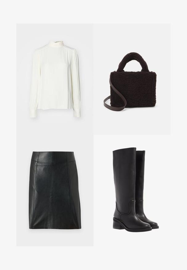 Bluză albă cu mânecă lungă și gât înalt, cu detalii strânse la umeri și la încheieturi, realizată dintr-un material ușor și neted.; Fustă neagră din piele, cu un design ajustat. Textură netedă, cusături care conturează forma și un tiv drept. Aspect minimalist și elegant.; Bocanci negri din piele, până la genunchi, cu o textură netedă, vârf rotunjit și toc masiv. Prezintă cusături subtile și un design fluid.; Geantă maro, texturată, fabricată din material moale de fleece, cu o formă rectangulară, două mânere superioare și o curea detasabilă maro.
