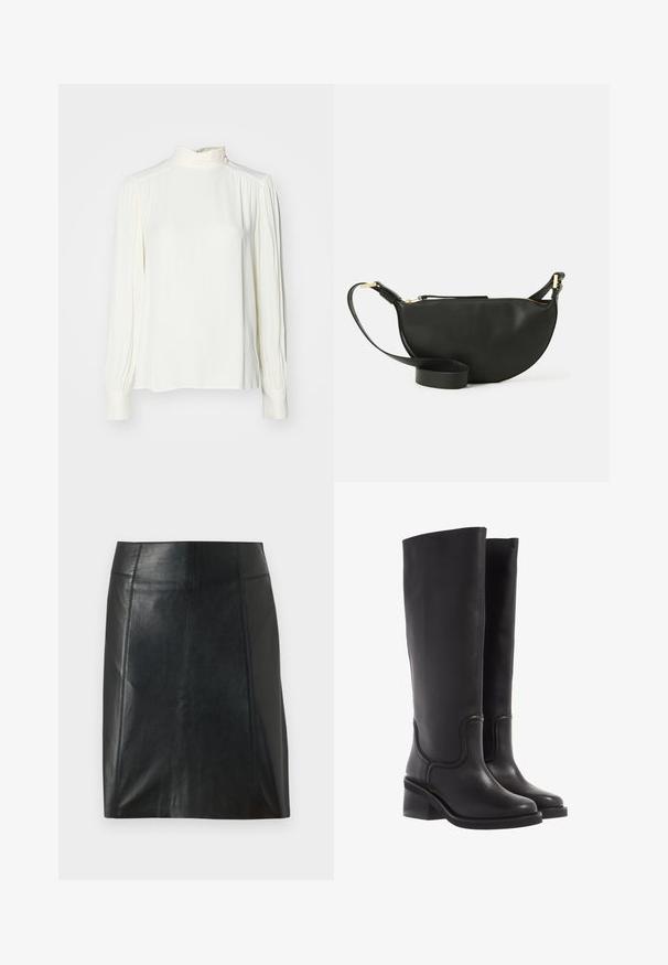 Bela dolgimi rokavi bluzo z visokim ovratnikom, s gubanjem na ramenih in manšettah, izdelano iz gladkega, lahkega materiala.; Črna usnjena krilo s prilegajočo zasnovo. Gladka tekstura, šivi, ki obdajajo obliko, in ravna obroba. Minimalističen in eleganten videz.; Črne usnjene škornje do kolen z gladko teksturo, zaokroženim prstom in robustnim petnim delom. Imajo diskretne šive in poenoteno zasnovo.; Črna usnjena torbica za čez ramo v obliki polmeseca, z teksturirano površino, zlatim zadrgo in ravnim trakom. Kompaktna zasnova, primerna za osnovne stvari.