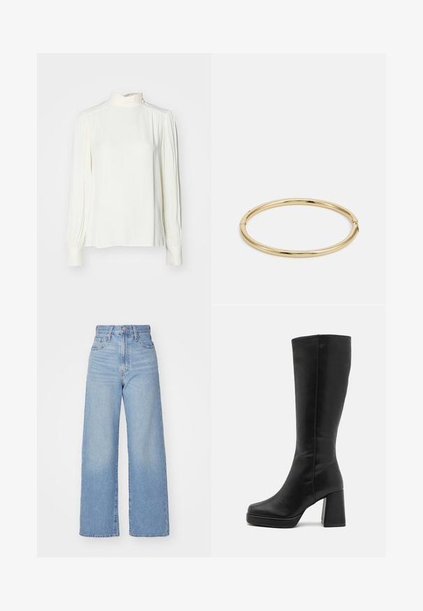 Witte blouse met lange mouwen en hoge hals, met geplooide details bij de schouders en manchetten, gemaakt van een gladde, lichte stof.; Lichtblauwe high-waist wijde jeans met een knoop- en ritssluiting aan de voorkant, voor- en achterzakken, op een witte achtergrond.; Anna Field Laarzen met hoge hak - black; Gouden bangle armband met een gladde, glanzende afwerking, met een ronde vorm en een subtiele sluiting.