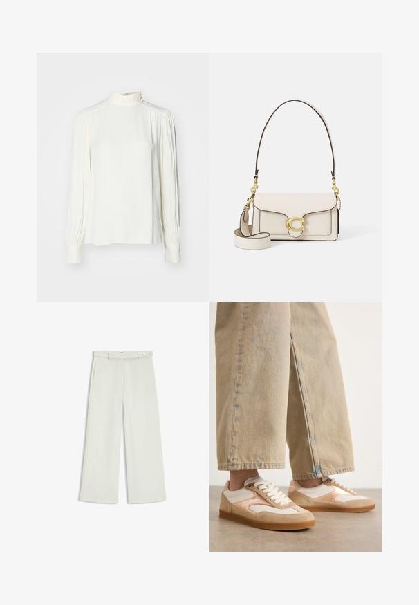 Weiße Bluse mit langen Ärmeln und hohem Kragen, mit gerafften Details an den Schultern und Bündchen, hergestellt aus glattem, leichtem Stoff.; Weite Hose aus zartem Creme-Stoff, mit seitlichen Taschen, flatem Bund und einer Knopfverschluss an der Taille. Glatte Textur.; Tannene und cremefarbene Sneakers mit einem Design aus Wildleder und Mesh, ausgestattet mit einer Schnürung und Gummisohlen, kombiniert mit weiten Jeans in Tan.; Cremfarbene Leder-Handtasche mit strukturiertem Design, kontrastierenden schwarzen Kanten, goldenen Beschlägen und einem abnehmbaren Tragegurt mit einem charakteristischen Logo.