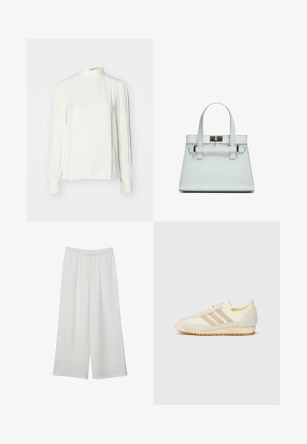 Bijela bluzica dugih rukava s visokim ovratnikom, s nabrnutim detaljima na ramenima i manžetama, izrađena od glatkog, laganog materijala.; Bijele hlače širokog kroja izrađene od lagane tkanine, s elastičnim pojasom i vezicom za prilagodljivu veličinu. Glatka tekstura.; Kremaste atletske tenisice s tri bež pruge, od nubuk kožne i tekstilne tkanine, s teksturiranim potplatom i utisnutim brendiranjem na peti.; Svijetloplavi ručni kovčeg sa strukturiranim dizajnom, dva držača i kopčom od srebrnastog metala. Teksturirani materijal i oštri kutovi.