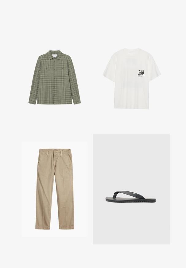 Camisa de botão xadrez verde com colarinho pontudo, mangas longas, dois bolsos no peito e um corte descontraído. Feita de um tecido texturizado.; T-shirt de algodão branco com mangas curtas. Apresenta uma estampagem gráfica preta na área do peito esquerdo com texto e desenhos, incluindo estrelas.; Chinos bege de perna reta com passantes para cinto, fecho frontal com botão e fecho de correr, e bolsos frontais inclinados.; Chinelo preto com alças texturizadas, sola plana e borda serrilhada. Feito de borracha com um acabamento suave e design minimalista.