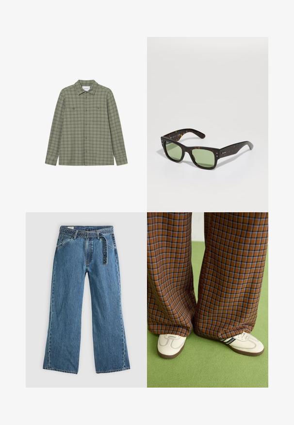 Zöld kockás ing, gombos nyakkal, hosszú ujjú, két mellzsebbel és laza fazonnal. Texturált anyagból készült.; Kék farmer széles szárú nadrág, hozzáépített övvel, elülső zsebekkel és látható varrással, sima világos háttéren.; Barna és kék kockás, bőrt lábú nadrág, fehér cipővel, fekete részletekkel és texturált talppal, zöld háttér előtt.; Barna teknőc mintázatú napszemüveg zöld lencsékkel, négyzet alakú, fém részletekkel. Az ötlet bal templomán elhelyezett logóval rendelkezik. Matt felületű.