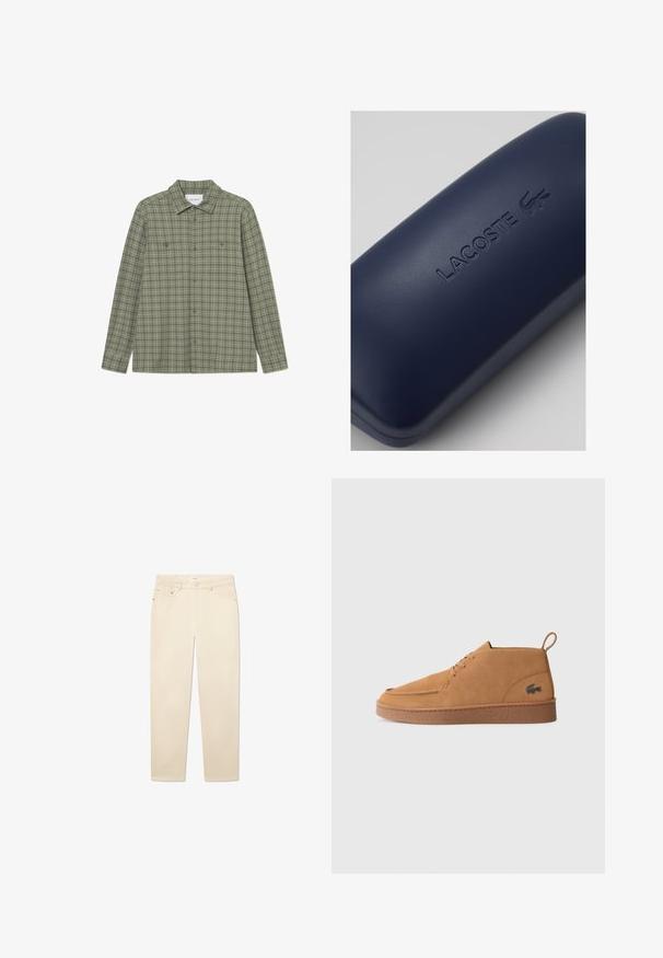 Zelena karirana srajca s gumbi, s pravim ovratnikom, dolgimi rokavi, dvema prsoma žepoma in sproščenim krojem. Narejena iz teksturiranega materiala.; Bela bež jeansi iz denima s ravnim nogavicami, ki imajo pet žepov, zapiranje z gumbom in zadrgo ter subtilne podrobnosti šivanja.; Rjave antilopine čevlje s vezalkami in gumijastim podplatom ter z zanko za pomoč pri oblačenju, ki na strani nosijo podpisani krokodilov logotip.; Temno modra trda etui za očala z teksturirano površino, ki se ponaša z embosiranim logotipom "LACOSTE" in krokodilom na površini.