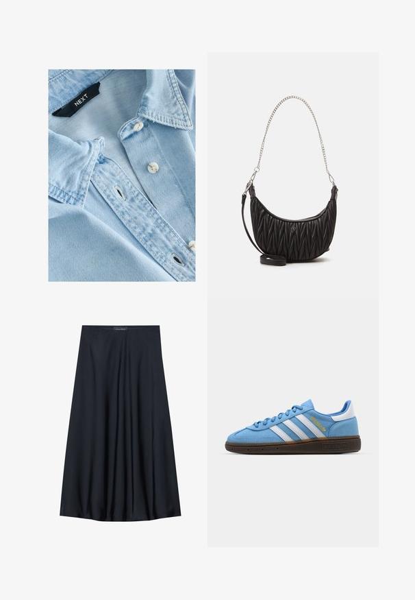 Lichtblauwen denim overhemd met een zachte textuur, geknoopte kraag, witte knopen en zichtbare stiksels. Next merklabel binnenin de kraag.; Zwarte, knielange rok van lichtgewicht stof met een vloeiende uitstraling. Kenmerkt zich door een gladde textuur en subtiele plooien voor extra detail.; Lichtblauwe suède sneakers met witte leren strepen, een bruine textuurzool en gouden logo-detail. Laag ontwerp met een ronde neus.; Zwarte nep leren handtas met een gewatteerde textuur, gebogen vorm, zilveren kettingband en een klein logo-accent aan de voorkant.
